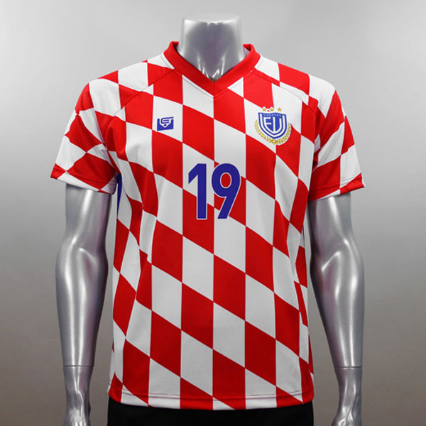 クロアチア代表風の紅白のフラッグ柄 セミオーダー No 0253 デザイン例 激安オーダーサッカーユニフォーム フットサルユニフォーム の作成なら サッカーショップv Eleven